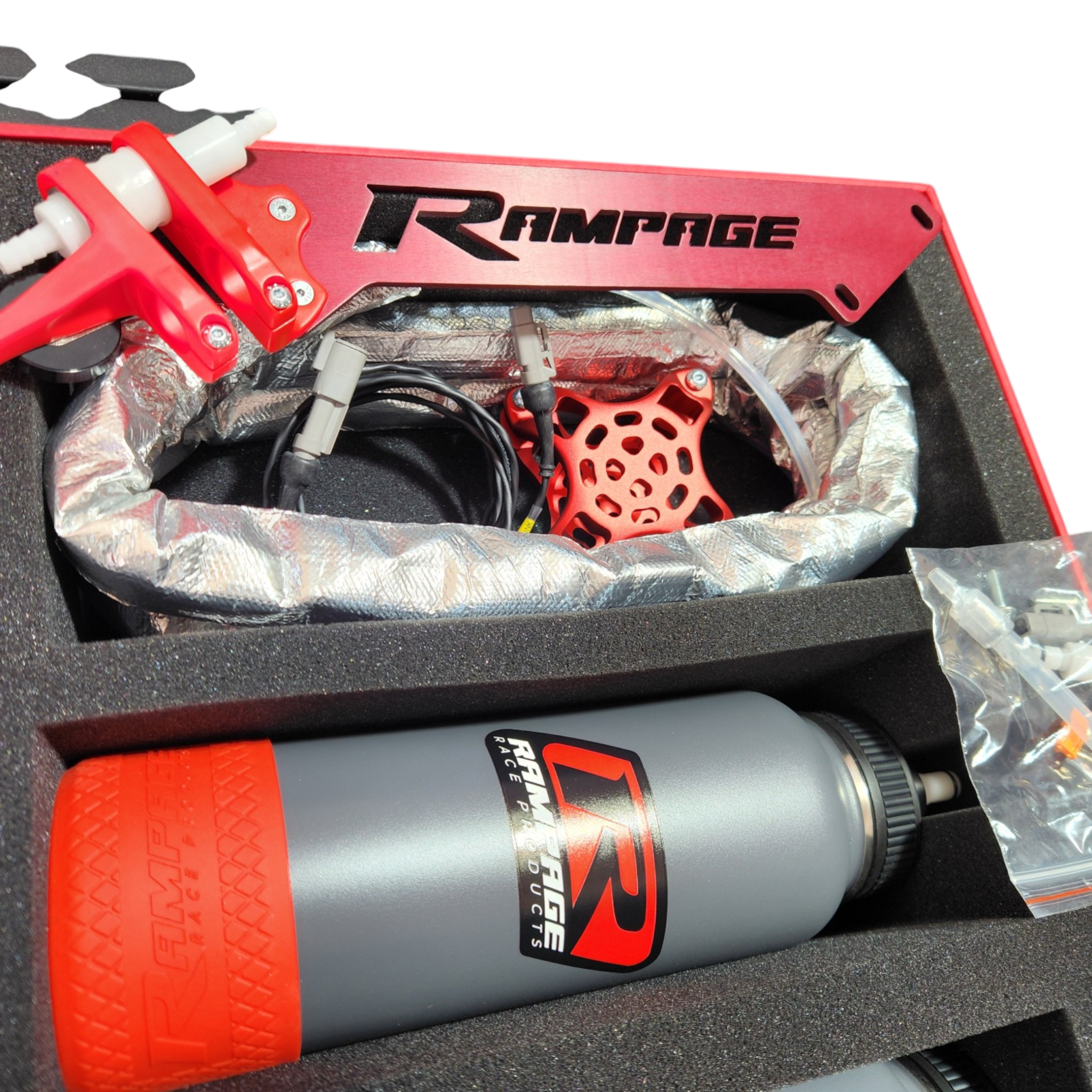 RamHydrate Drink System - Porsche Kit Rampage Race Products, showing what comes in the box, wiring loom, mounts, quick connections etc