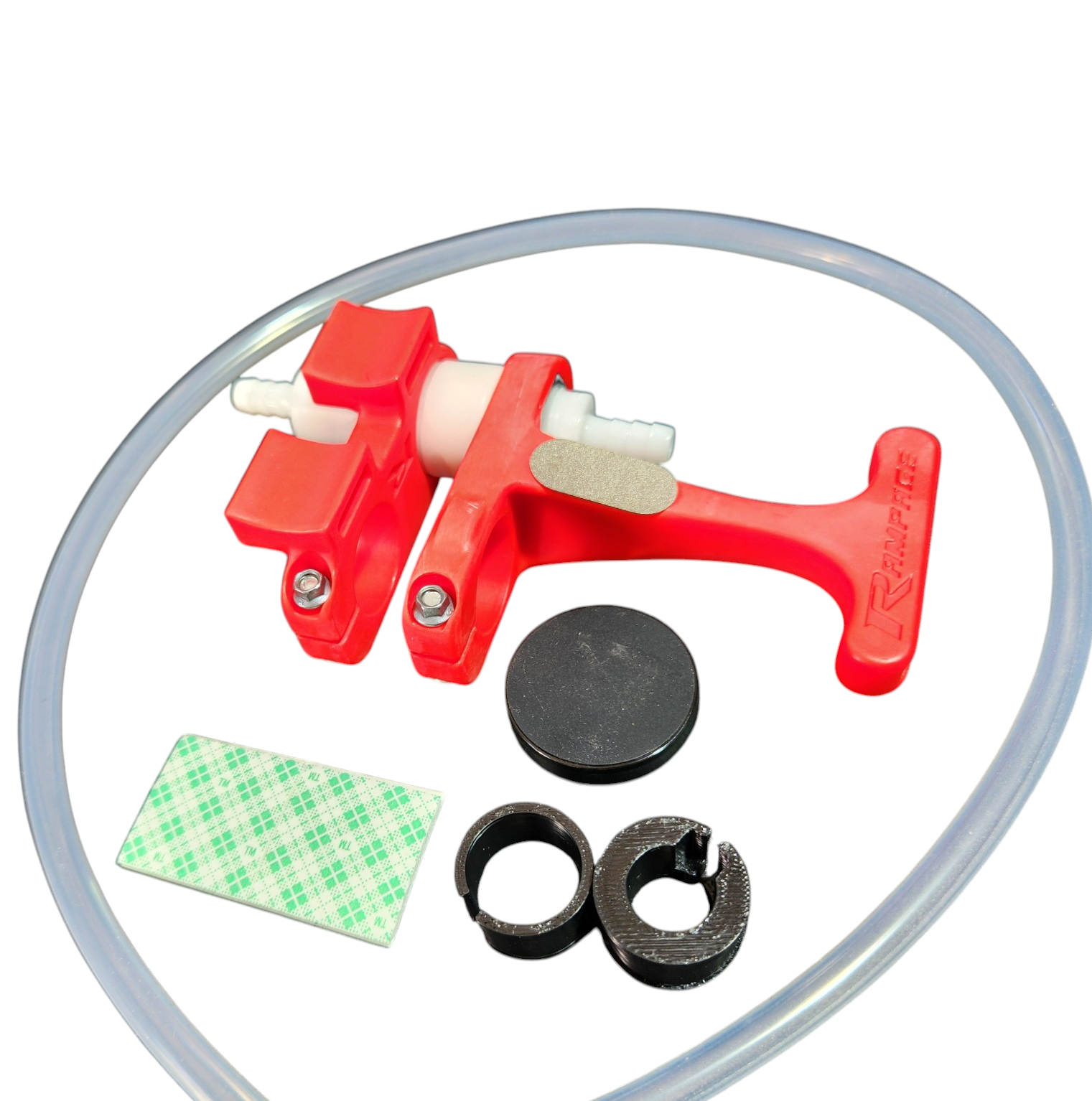 RamConnect Race Car Radio/Drink Connection Kit Rampage , showing all the parts in kit , Roll bar mount, driver handle , hose , magnet and radio adaptors